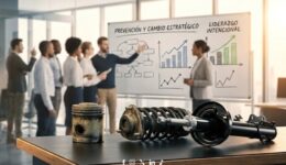 Diferencial y amortiguadores de camioneta en mantenimiento preventivo sobre escritorio de oficina con equipo de liderazgo planeando estrategia al fondo