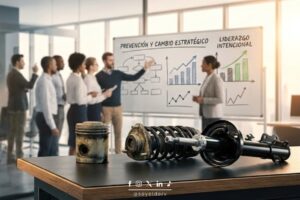 Diferencial y amortiguadores de camioneta en mantenimiento preventivo sobre escritorio de oficina con equipo de liderazgo planeando estrategia al fondo