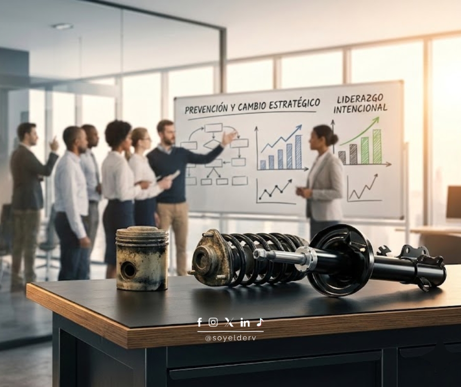 Diferencial y amortiguadores de camioneta en mantenimiento preventivo sobre escritorio de oficina con equipo de liderazgo planeando estrategia al fondo